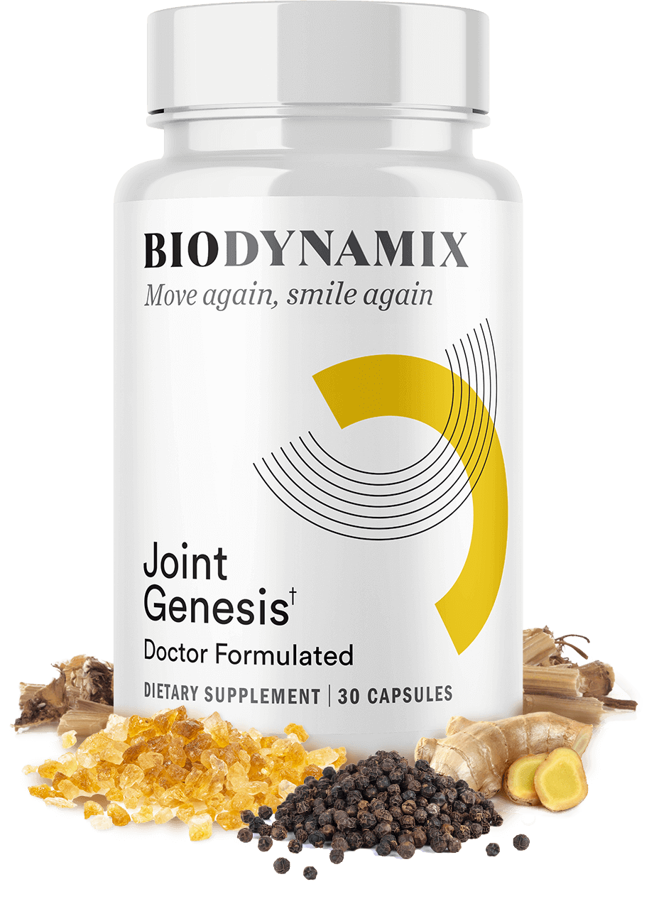 Joint Genesis™ product presentation with bottle and primary ingredients