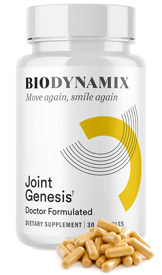 Joint Genesis™ by Biodynamix Product Bottle with surrounding ingredient diagrams